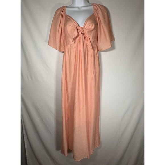 Chic Peach Midi Maternity Dress with Bow Detail - Pink Blush Maternity - Picture 6 of 12